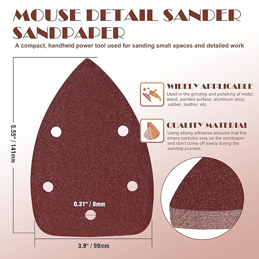 120 Grit Mouse Sander Sandpaper, Jamiikury 5 Hole Detail Sander Sandpaper Palm Sander Paper Mouse Sanding Pads Hook and Loop Sanding Sheets - Pack of 50