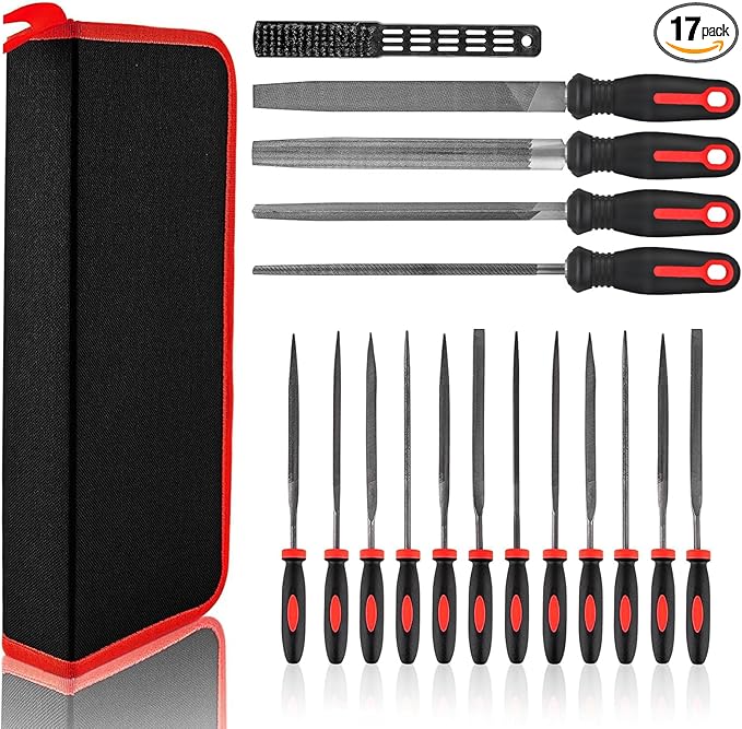 Greywolf 17 pcs File Set, Metal Files, Premium T12 Carbon Steel Flat, Half Round, Round and Triangular Files and 12 pcs Needle Files and Carrying Case for Metalworking and Woodworking