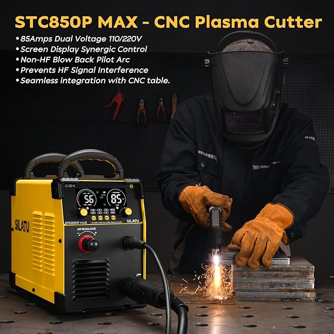 SILATU Plasma Cutter, 85Amps Blowback Pilot Arc Air Sensor Technology, Digital Display, 110V/220V Dual Voltage Non-HF CNC Plasma Cutter Machine, 1″ Clean Cut 7/5″ Max Cut, PT/2T/4T for Beginners DIY