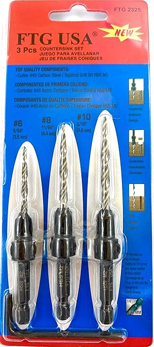 FTG USA Adjustable Wood Countersink Drill Bit Set #6#8#10 Set with Tapered Drill Bits for Woodworking