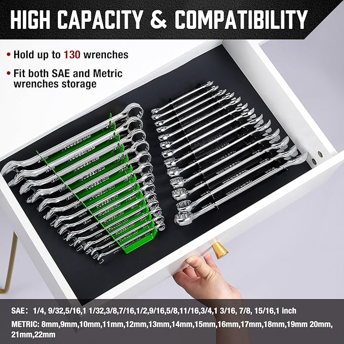 ALOANES 130-Slot Metal Wrench Organizer, Heavy Duty Wrench Organizer Tray for Tool Box, Fit SAE & Metric Wrench Storage, 10 Pack Wrench Holders(Green)