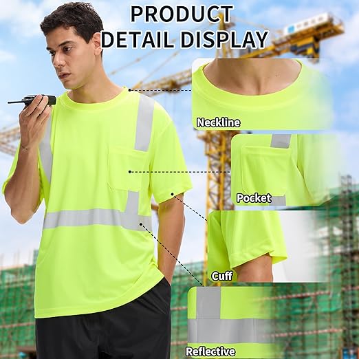 sesafety 3PACK High Visibility Shirts for Men, Class 3 Hi Vis Reflective Construction Shirts for Men with Pocket Safety T Shirts