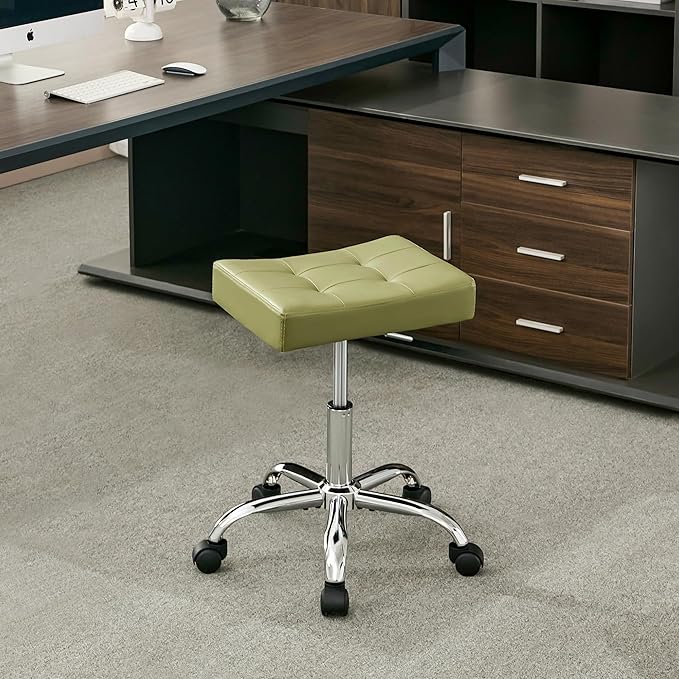 Adjustable Work Stool with Wheels (300lbs Capacity) (Saddle Shaped Seat) Faux Leather Workbench Stool (Green)