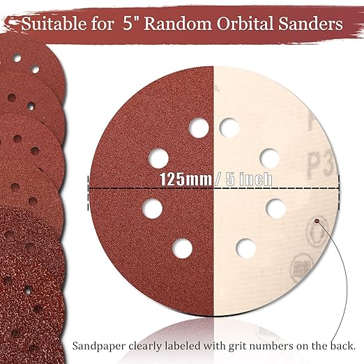 100 PCS 320 Grit 5 Inch Sanding Discs, Hook and Loop Sandpaper for Random Orbital Sander