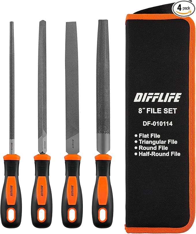 8'' File Handles Needle File Set (Carbon Steel 4 Piece-Set), Hardened Alloy Strength Steel - Set Includes Flat,Triangular, Round, and Half-Round File (4-Piece)