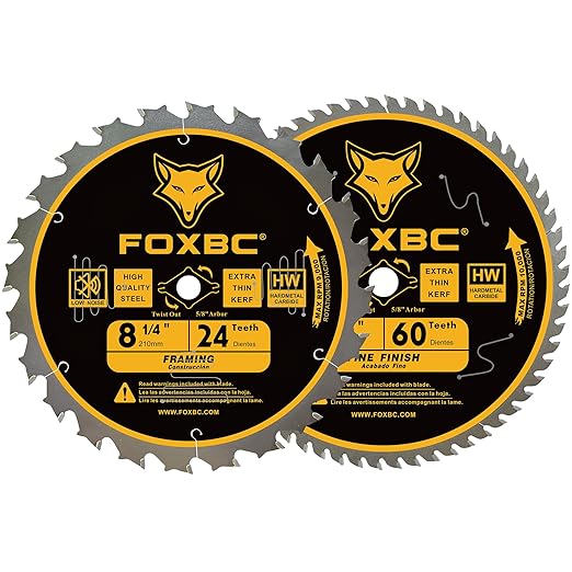 FOXBC 8-1/4 Inch Table Saw Blade 24 Tooth, 60 Tooth Wood Cutting with 5/8" Arbor, Diamond Knockout