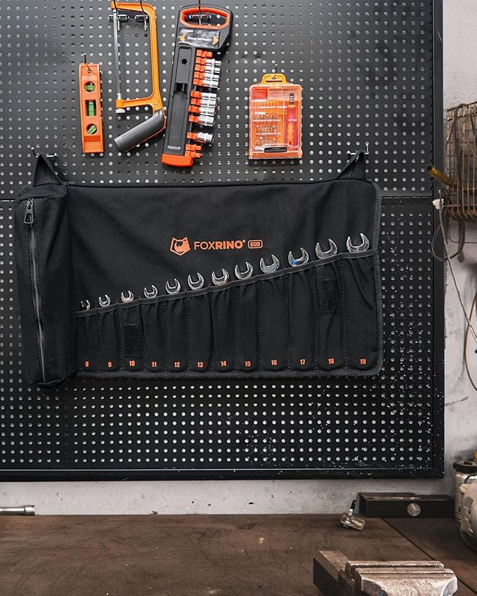 Wrench Roll, Wrench Roll Up Pouch, Gifts for Men Father Dad Mechanic, Heavy Duty Canvas Wrench Organizer Bag (Black, 12+1 Metric)