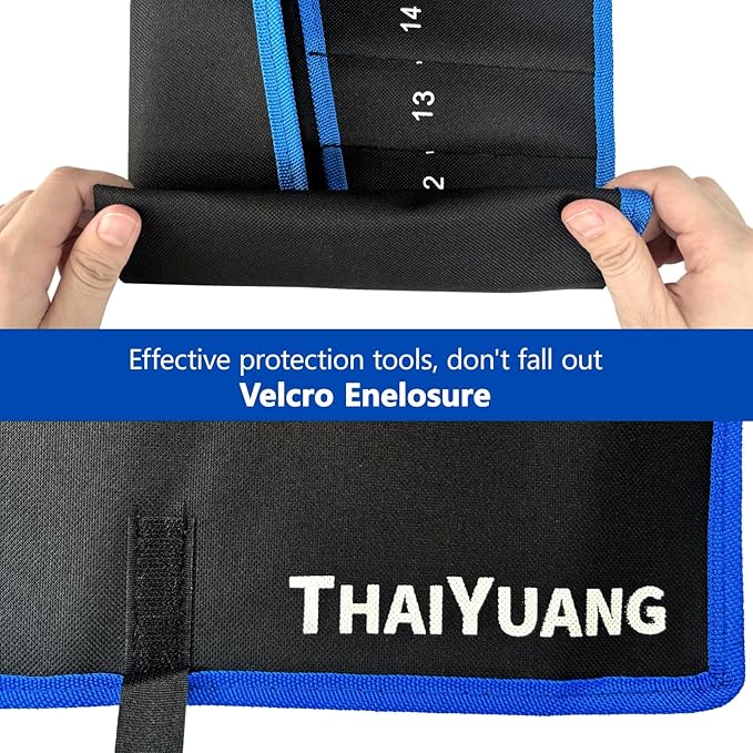 13-Pockets SAE Tool pouch, Heavy Duty Oxford Canvas Wrench Roll Up Bag, Multi-Purpose Tool Pouch With Hex Small Pockets (Not Including Tools)