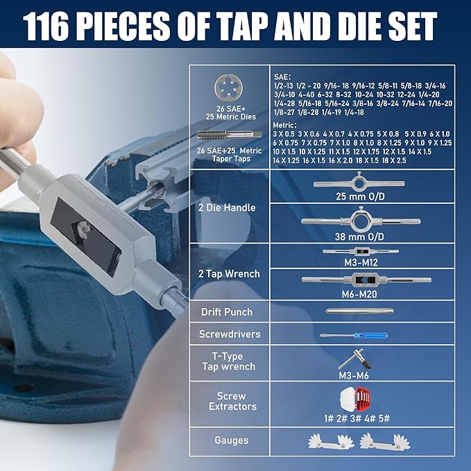 116pcs Tap and Die Set in SAE & Metric Sizes, Standard Tap Set and Die Tool Set for Threading and Rethreading Internal and External Threads, M3-M18 Thread Repair Kit
