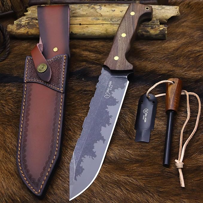 BA-KOR DC53 Steel 38CM (15.2IN) Full Tang 6mm Thick Fixed Knife+Sheath&(5.9IN) Cerium Igniter, Suitable for Outdoor Hunting, Camping, Survival Exploration, EDC