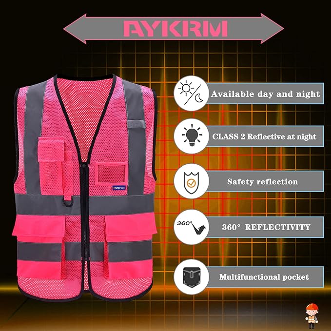 A-SAFETY High Visibility Mesh Safety Reflective Vest with Pockets and Zipper,Hi Viz Work Vest for Men Women (Pink Mesh XXL)