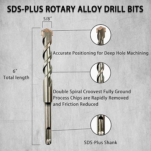 Direko 5-Piece 5/8 inch x 6 InchSDS Plus Rotary Hammer Drill Bits Carbide Tipped Concert Drill Bits for Concrete, Brick, Cement Walls, Stone, Hammer Drill Bits for Concrete