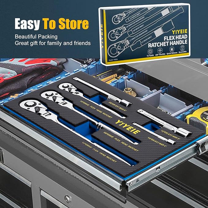 6-Piece Flex Head Ratchet Set, 1/4", 3/8", 1/2" Drive, Swivel Head Ratchet Wrench with Extension Bar, 72 Tooth, 180° Adjustable, Quick-Release, Flexible Ratchet Handle with EVA Foam
