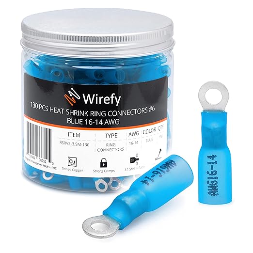 Wirefy 130 PCS Heat Shrink Ring Terminals #6 - a Resistant Ring Connectors - Eyelet Wire Connectors - Blue 16-14 AWG