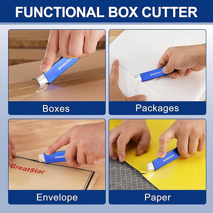 WORKPRO 12-Pack Box Cutter Retractable - Utility Knife with Single Edge Razor Blade - Razor Knife Box Opener Cardboard Cutter with Metal Sheathes- Extra 12-Pack Razor Blades for Replacement - Blue
