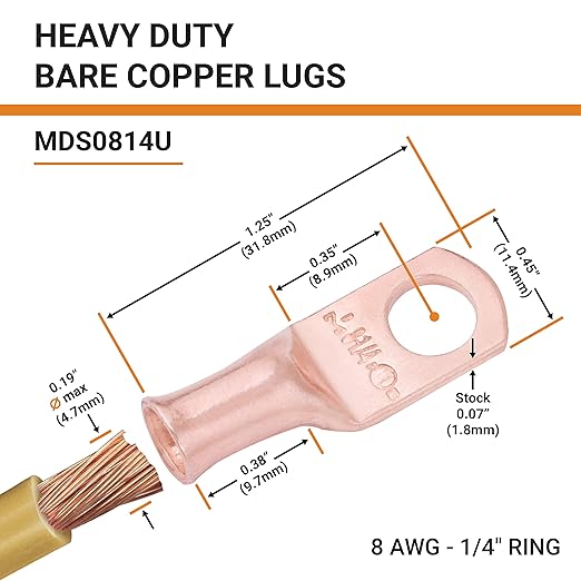 SELTERM 2pcs 8 AWG 1/4" Stud Copper Wire Lugs, Battery Lugs, Ring Terminals, Battery Cable Ends, 8 Gauge Ring Terminal Connectors, UL Heavy Duty Bare Copper Eyelets Battery Terminal Connectors