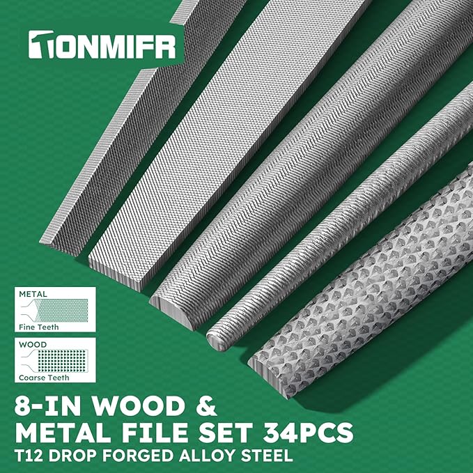 Professional Metal File Set 34Pcs Industrial Grade High Carbon Steel,5 Shapes (Flat/Half Round/Round/Triangle/Square) for Hardened Steel, Metalworking Tools with Storage Case,14 Needle Files