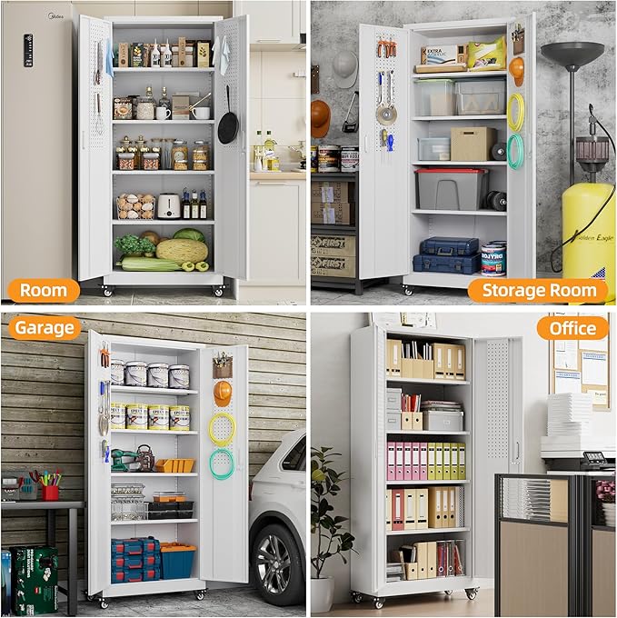 Aobabo 73''H Metal Garage Storage Cabinet with Wheels and Pegboards, 4 Adjustable Shelves Steel Storage Cabinets for Home,Warehouse,Garage,Assembly Required,White