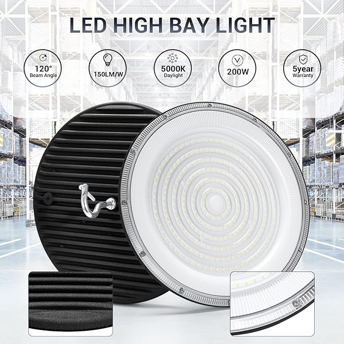 6 Pack 200W UFO Led High Bay Light,IP66 Waterproof,120VAC,30500LM 5000K Daylight Commercial Bay Lighting,850W MH/HPS with Plug Area Lighting for Warehouse/Shop/Workshop/Barn/Gym/Factory