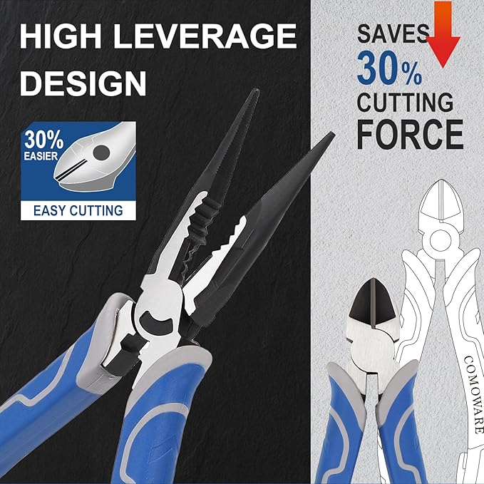 COMOWARE Large Pliers & Wrench Set 8Pcs with Pouch(12", 10", 8" Groove Joint Pliers, 8" Adjustable Wrench, 8" Linesman, 6" Long Needle Nose, 6" Slip Joint, 6" Diagonal) for Home & DIY