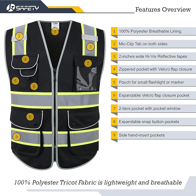 JKSafety 9 Pockets Hi-Vis Black Color Zipper Front Safety Vest Fluorescent Yellow Strips outlining the Reflective Tapes ANSI/ISEA Class 1 (901-Black, 5X-Large)