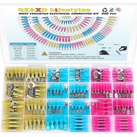 250PCS Heat Shrink Wire Connectors,Electrical Terminals Kit,Waterproof,Automotive Marine Electrical Terminals Kit,Ring Fork Hook Spade Butt Splices,Tinned Red Copper,12-10,16-14,22-16 (250PCS)