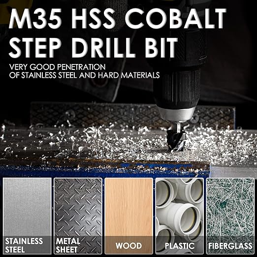 M35 Cobalt Step Drill Bit, Four Spiral Flute Unibit Step Drill Bit (3/16"-1-3/8") Wear-Resistant TiAlN Coated, 3/8" Shank for Metal, Carbon Steel, Stainless Steel, Wood, Plastic (19 Size)
