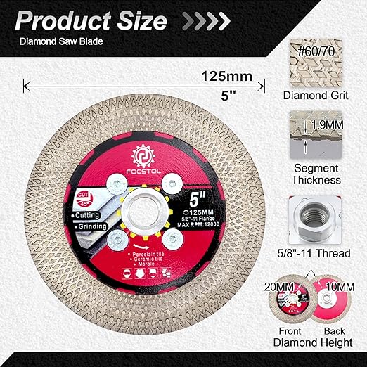 Diamond Tile Saw Blade - 5''(125mm) Cutting & Grinding Disc Wheel with 5/8"-11 Flange for Porcelain Ceramic Tile Marble Granite Artificial Stone with X Mesh Rim for Angle Grinder
