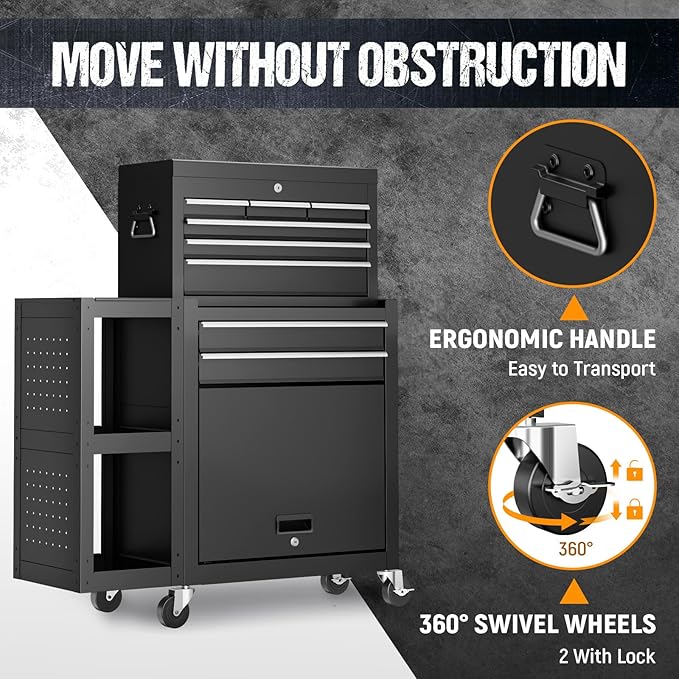 8 Drawers Rolling Tool Chest, Tool Box Detachable Top Metal Tool with Locking System, Protective Mat & Tool Rack, Garage Storage Cart with Side Cabinet, Tool Box for Garage