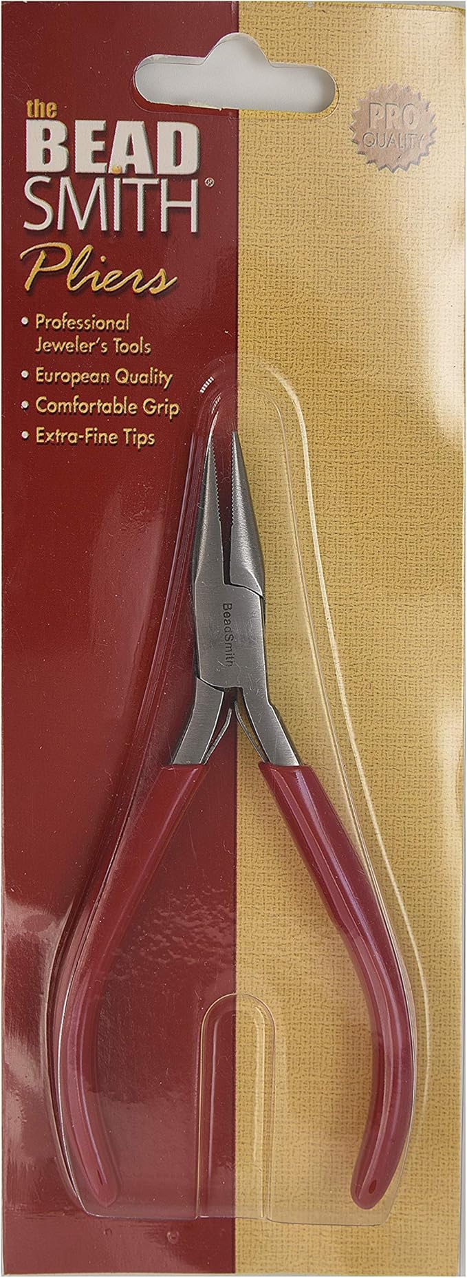 The Beadsmith Slim Line Serrated Chain Nose Pliers, 4.75 inches (120mm) with polished steel head, red PVC comfort grip handle with double-leaf spring, tool for jewelry making
