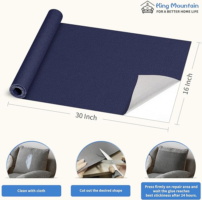 KING MOUNTAIN Canvas Repair Patch 16×30 Inch Self-Adhesive Waterproof Fabric Patch for Sofas, Tents, Furniture,Tote Bags, Car Seats (Dark Blue)