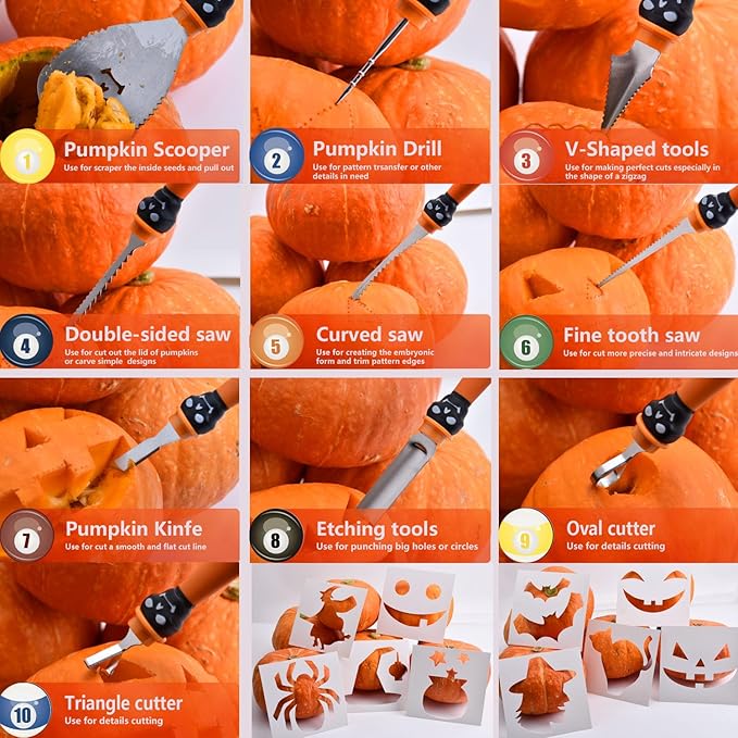 21 Pieces Comfort Grip Pumpkin Carving Kit with Gift Box and Carrying Case Heavy Duty Stainless Steel Pumpkin Carver Tools Pumpkin Sculpting Set and 10 Stencils for Halloween Jack-O-Lanterns (ORANGE)