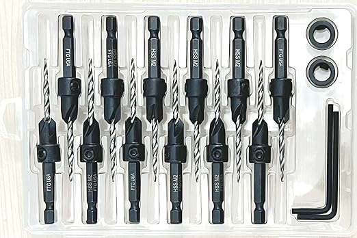 FTG USA 12 Pc #6 (9/64") Countersink Drill Bit Set with Depth Stop Collar, Hex Wrench - Tapered Drill Bits for Wood