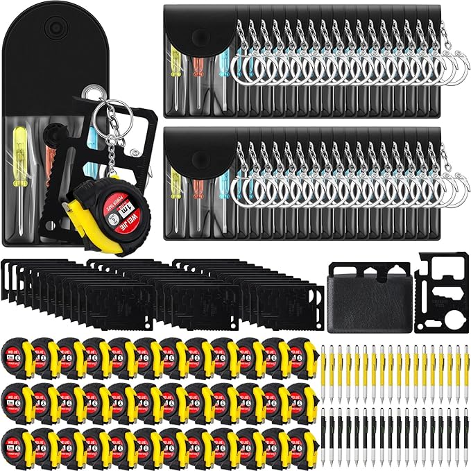 144 Pcs Mini Tape Screwdriver Keychain Set Christmas Men Gifts Bulk Adult Party Favors Multitool Pen Card Tool Measuring Keychains Stocking Christmas Stuffers for Men Dad (Yellow,Black)
