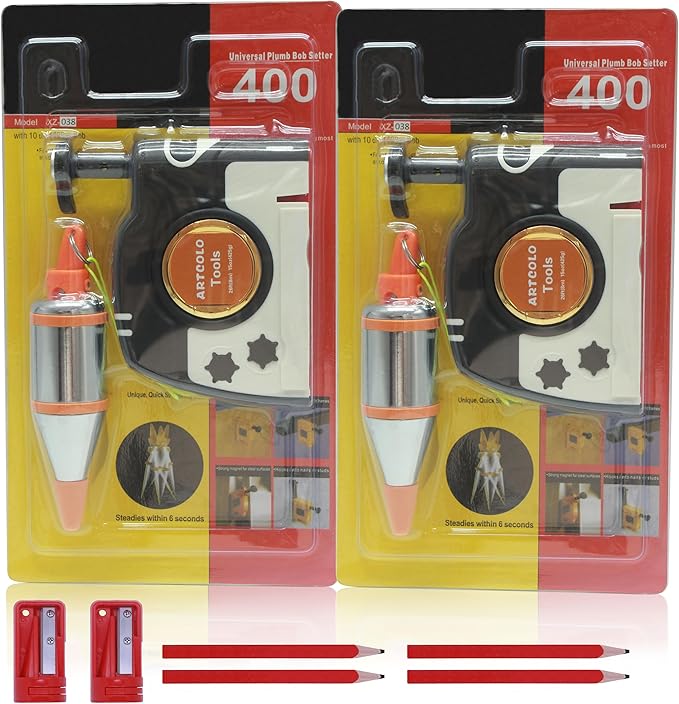 2 PCS Magnetic Plumb Bob Kit - 15 oz(425g) Plum Bob With 26 ft(8m) Automatic Stretching String,4 pcs Pencils, 2 pcs Pencil Sharpener