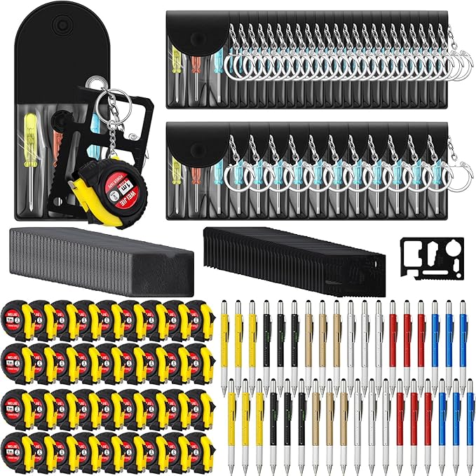 144 Pcs Mini Tape Screwdriver Keychain Set Christmas Men Gifts Bulk Adult Party Favors Multitool Pen Card Tool Measuring Keychains Stocking Christmas Stuffers for Men Dad (Multicolor)