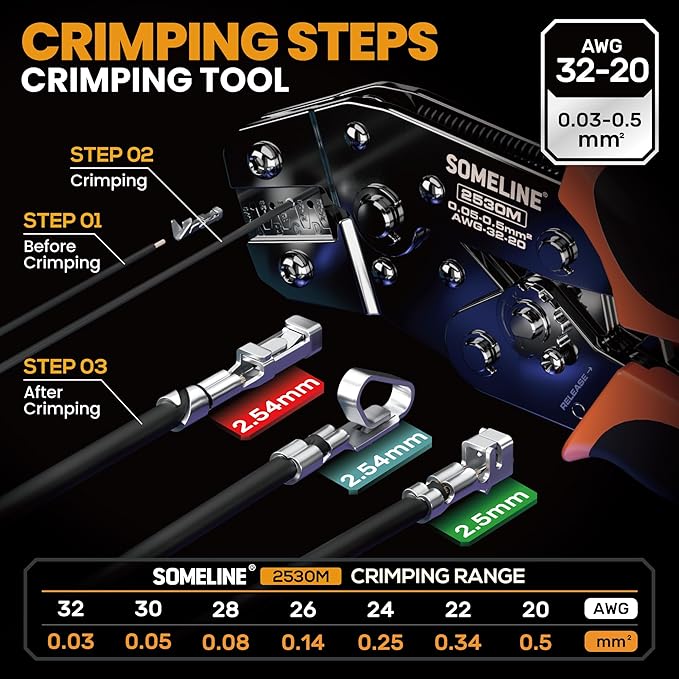 SOMELINE Crimping Tool Connector Set, JST-XH 2.5mm/Du pont 2.54mm/KF2510 2.54mm Connector Set, 24 Styles, 30-20 AWG Ratcheting Crimper for JST Series,KF2510,Molex,AMP EI series