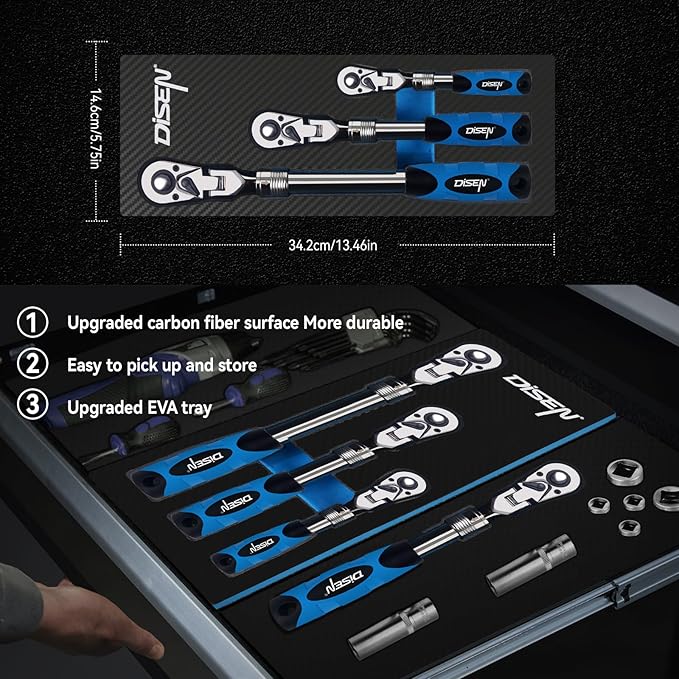 DISEN 3-Piece Extendable Flex-Head Ratchet Wrench Set with EVA Storage Case - 1/4", 3/8", 1/2" Drive, 72-Tooth, Rubber Grip, Adjustable Length - Professional Automotive and DIY Tools