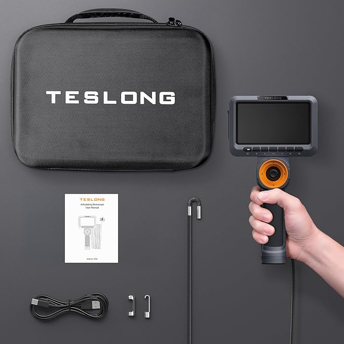 Teslong 360 Articulating Borescope with Light, 5'' Monitor Industrial Inspection Camera with 4-Way Joystick Articulation, HD Endoscope Camera for Automotive, Pipes, and Mechanics (0.24inch-5FT)