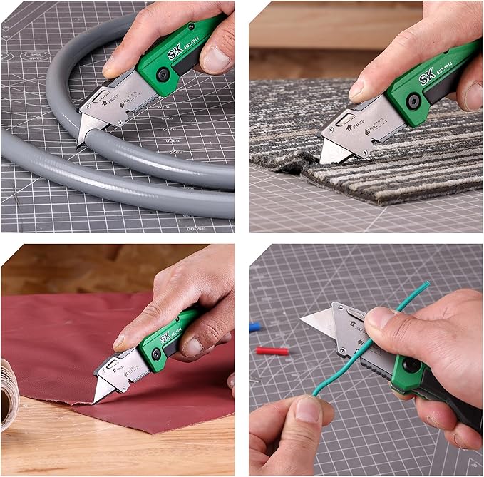 SK Folding Utility Knife with Additional Wire Cutter, Quick Change Box Cutter with Liner Lock & Belt Clip, Lightweight Aluminum Handle