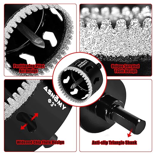 2-3/8 Inch Diamond Hole Saw with Pilot Drill Bit, 2-3/8" Serrated Brazing Tile Hole Saw Diamond Core Drill Bits with Guiding Bit for Ceramic Porcelain Tile Glass Stone Granite Marble