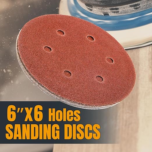 POWERTEC 120 Grit, 25 PK, 6 Inch Sanding Discs – Hook and Loop, 6-Hole Aluminum Oxide Orbital Sander Pads, Woodworking & Paint Round Sandpaper for Random Orbital, Air, Pneumatic & DA Sanders (45212)