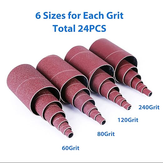 LotFancy 24PCS Spindle Sander Sleeves, Sanding Sleeves for Oscillating Sander, 60 80 120 240 Assorted Grit Sandpaper, 4-1/2” Length, 1/2”, 3/4”, 1”, 1-1/2”, 2”, 3” Diameter