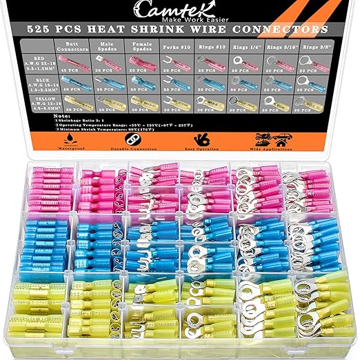 525PCS Heat Shrink Wire Connectors, 22-10 AWG Marine Grade Heat Shrink Butt Connectors, Waterproof Electrical Wire Terminals Kit Insulated Ring Fork Spade Butt Splices for Automotive Boat Truck