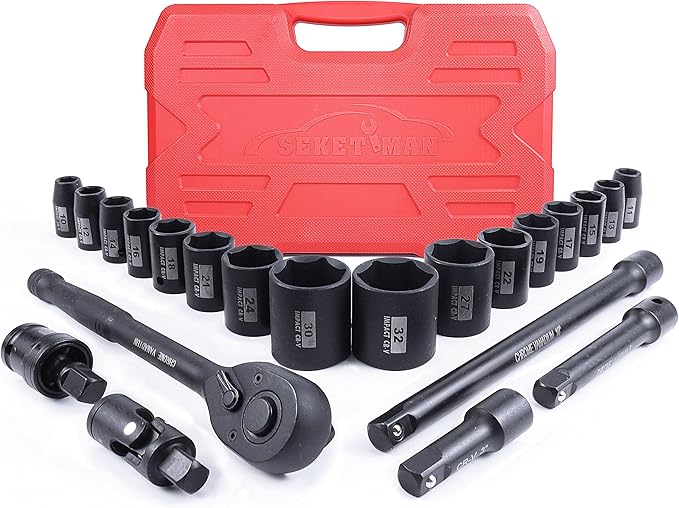 SEKETMAN 22PCS 1/2Drive Shallow Impact Socket Set,1/2-Inch Metric Socket Set,(10-19,21,22,24,27,30,32mm)6 Point,CR-V steel,Includes Extension Bar,Universal Joint and Ratchet Handle