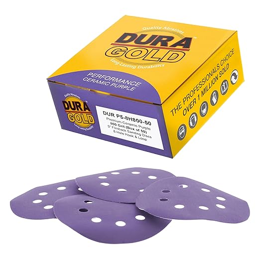 Dura-Gold Premium 800 Grit 5" Purple Film Ceramic Sanding Discs, 8-Hole Pattern, Box of 50 - Dustless Hook & Loop Backing Sandpaper for DA & Random Orbital Sanders - Sand Auto Paint, Wood, Woodworking