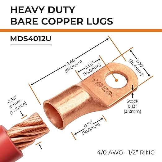 SELTERM 5pcs 4/0 AWG 1/2" Stud Copper Wire Lugs, Ring Terminals, Battery Cable Ends, 0000 Gauge Ring Terminal Connectors, UL Heavy Duty Bare Copper Eyelets Battery Terminal Connectors