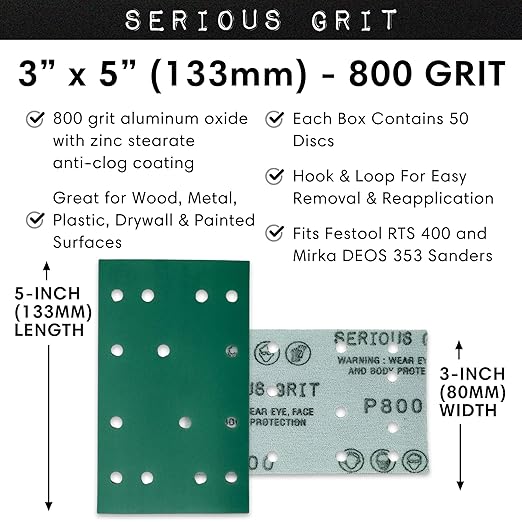 3" x 5" (80mm x 133mm) 14-Hole 800 Grit Sanding Sheets - Fits Festool RTS 400 & Mirka Deos 353 - Heavy-Duty Hook & Loop Film Abrasives - Sandpaper for Sheet Sanders - 50 Pack Box