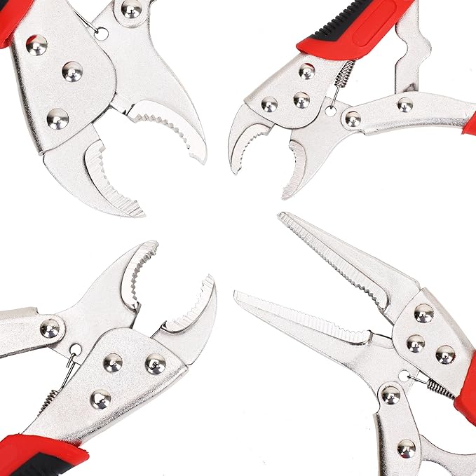 FASTPRO 4-Piece Locking Pliers Set with Heavy Duty Grip, 5", 7" and 10" Curved Jaw, 6-1/2" Long Nose Locking Pliers Included, Vise Grip Wrench Set