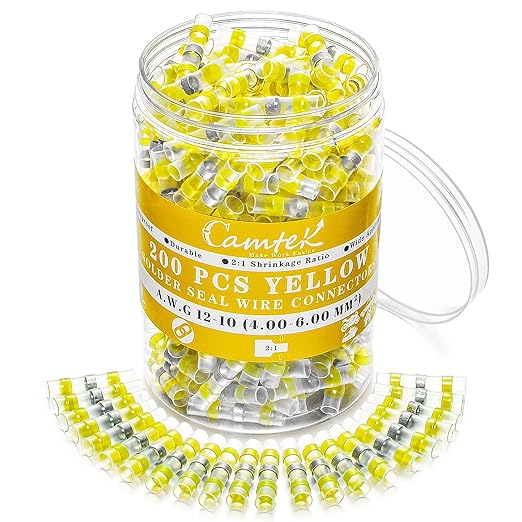 200PCS Solder Seal Wire Connectors Yellow, 12-10 AWG Self Soldering Heat Shrink Wire Connectors Marine Grade Waterproof Insulated Electrical Butt Splice Wire Terminals for Automotive Boat Truck